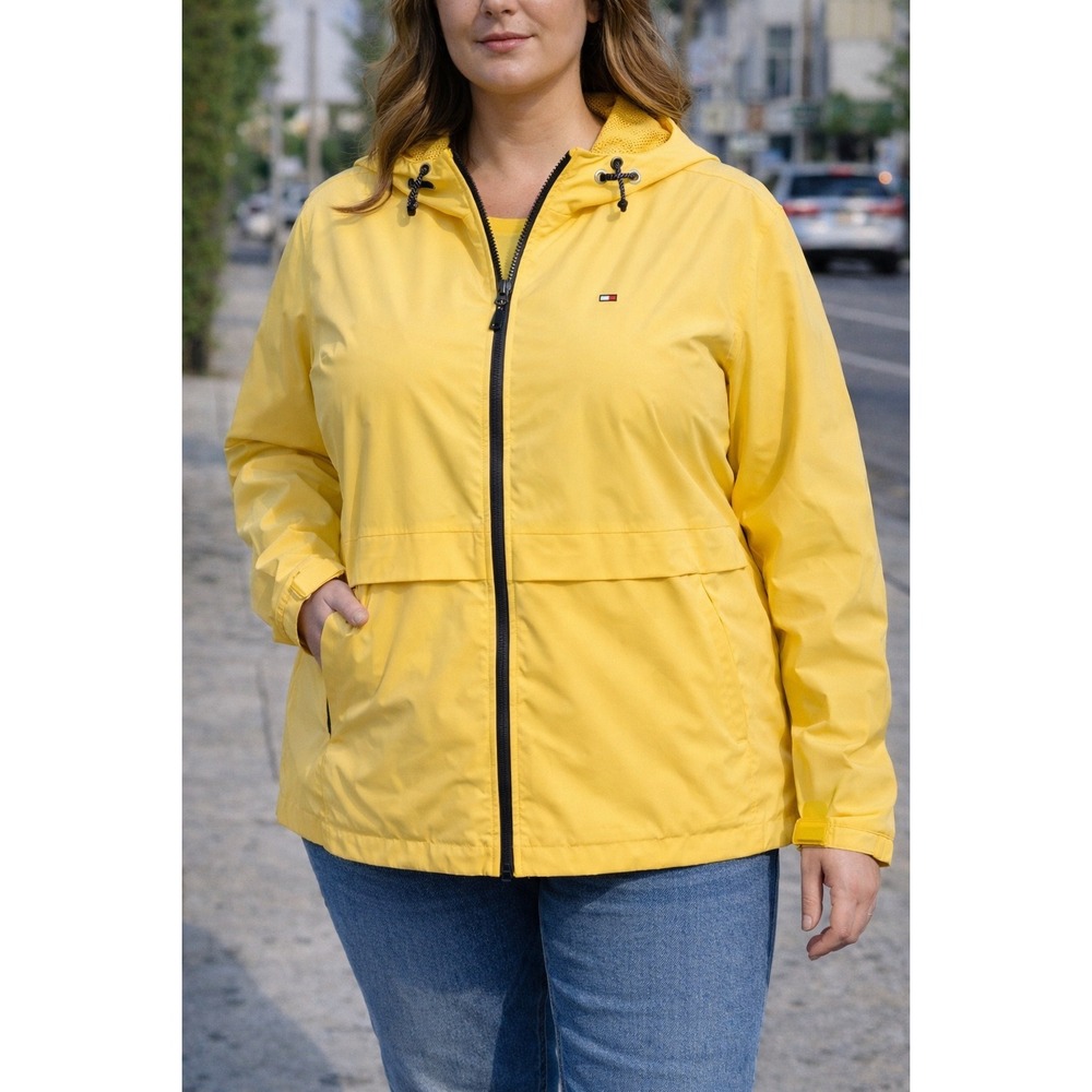 Tommy Hilfiger Windbreaker Women XXL Yellow New Hooded Mesh Lined Rain Jacket